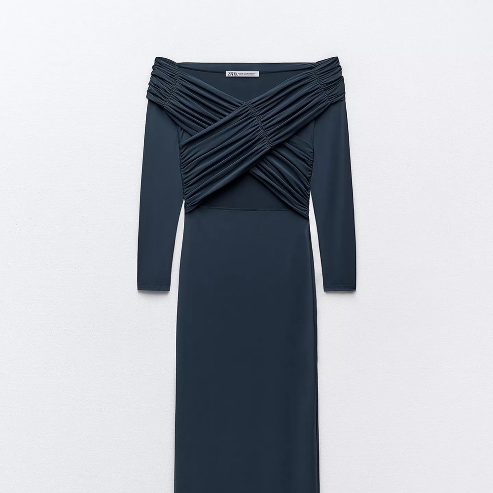 Elegant Navy Blue Off-Shoulder Dress, Zara Draped Fitted dress